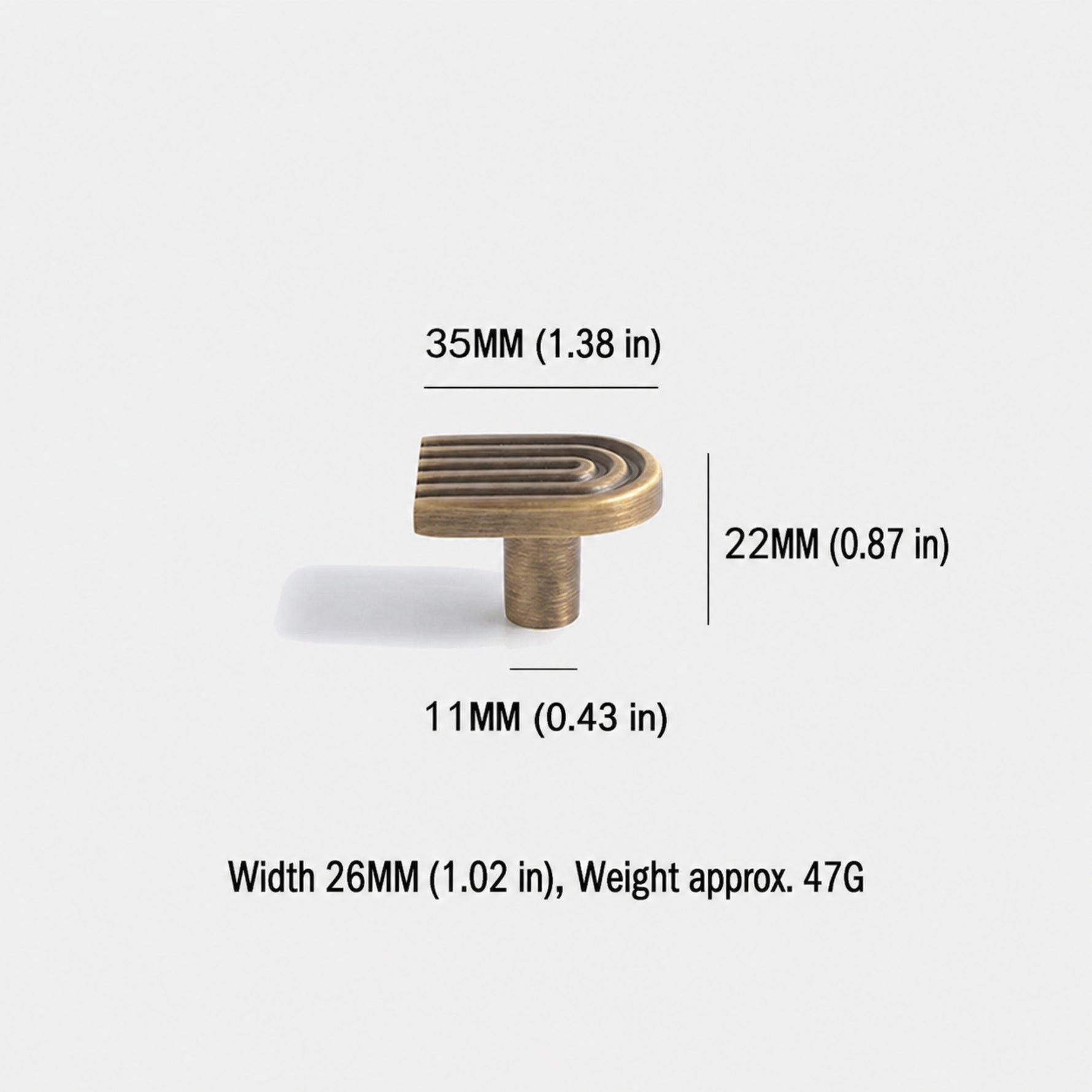 Dimensions of solid brass Art Deco arch cabinet knob: 35mm wide, 22mm tall, 26mm depth, 47g