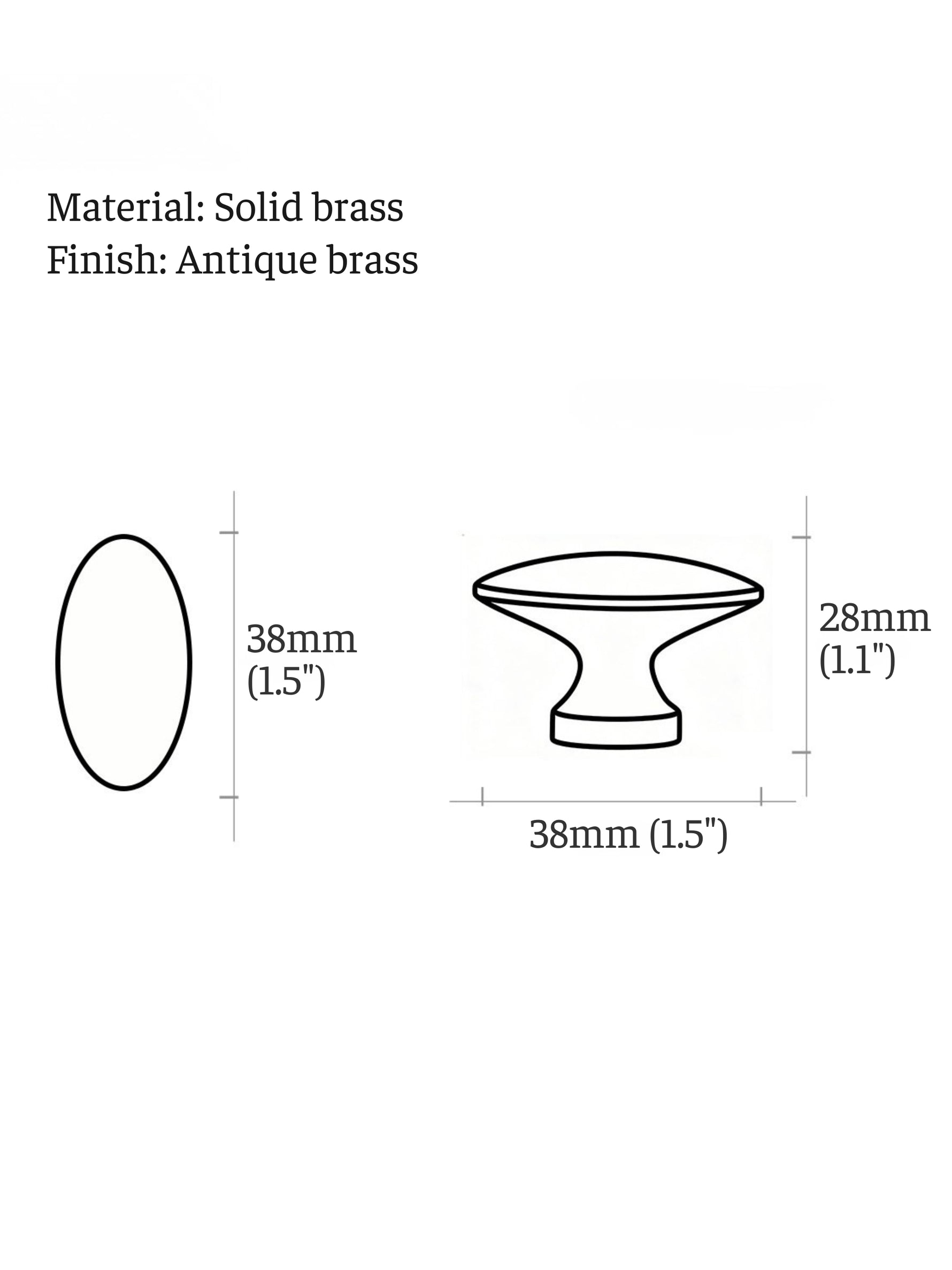 Antique brass oval cabinet knob dimensions — 38mm diameter, 28mm height
