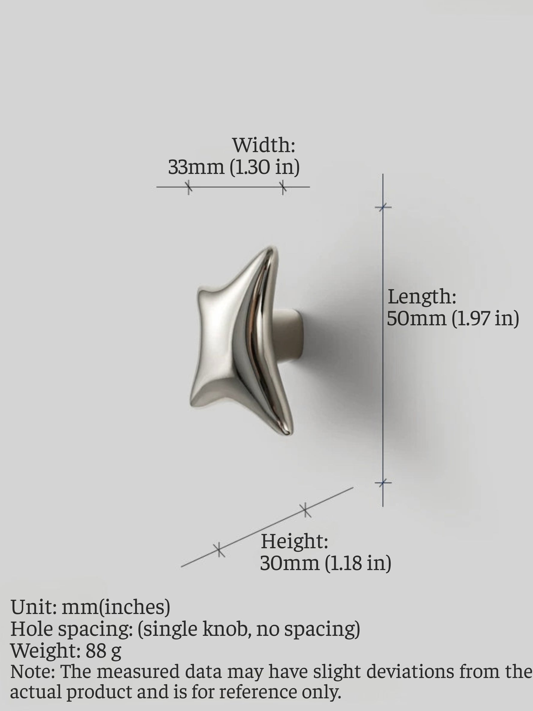 Dimensions diagram of polished chrome wave star knob: 33mm width, 50mm length, 30mm height, single knob no hole spacing