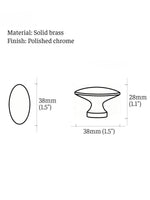 Polished chrome oval cabinet knob dimensions — 38mm diameter, 28mm height