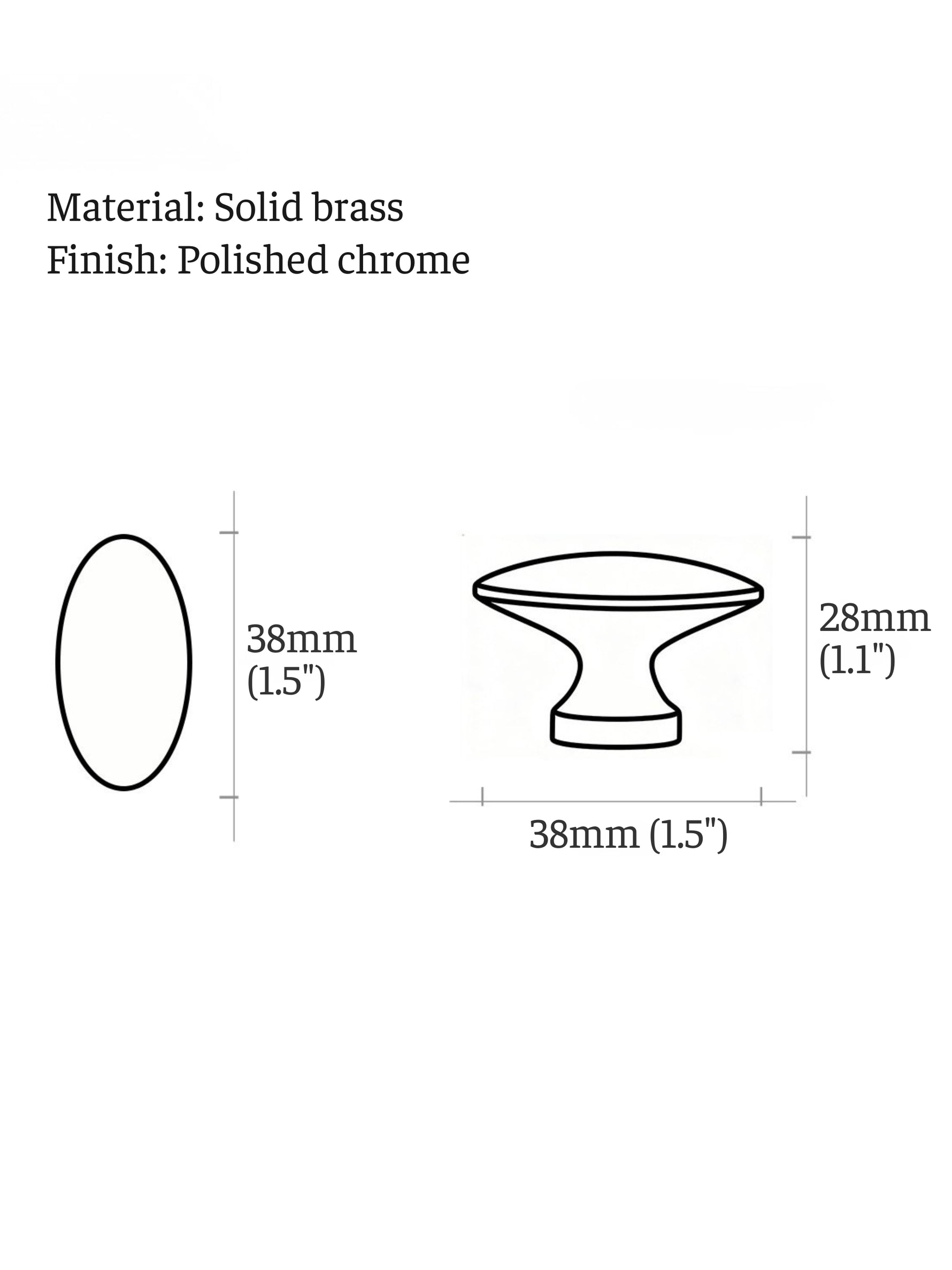 Polished chrome oval cabinet knob dimensions — 38mm diameter, 28mm height