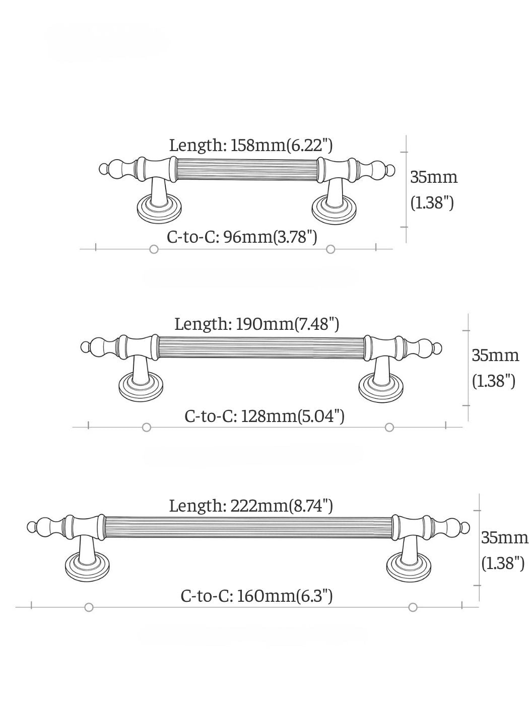 Cabinet Pull Size Diagram 96mm 128mm 160mm Center to Center