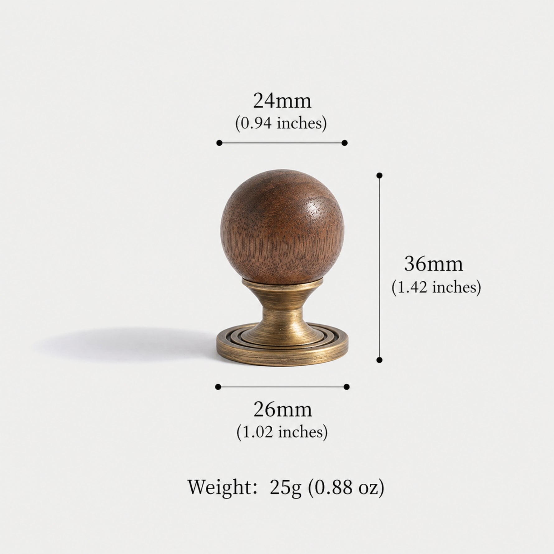 Walnut ball cabinet knob dimensions — 24mm diameter 36mm height