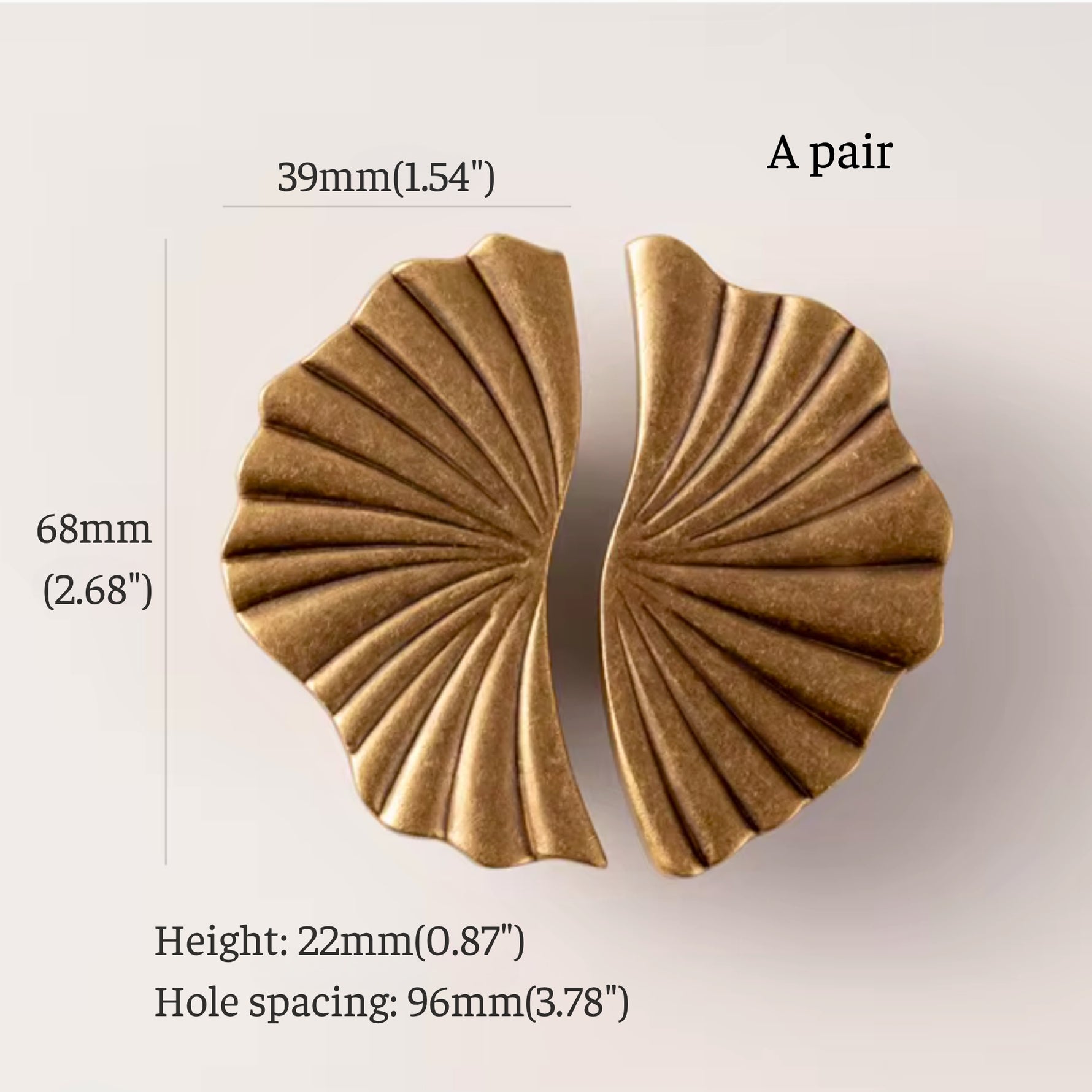 Ginkgo split pull dimensions — 39×68mm pair with 96mm hole spacing
