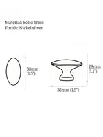 Nickel silver oval cabinet knob dimensions — 38mm diameter, 28mm height