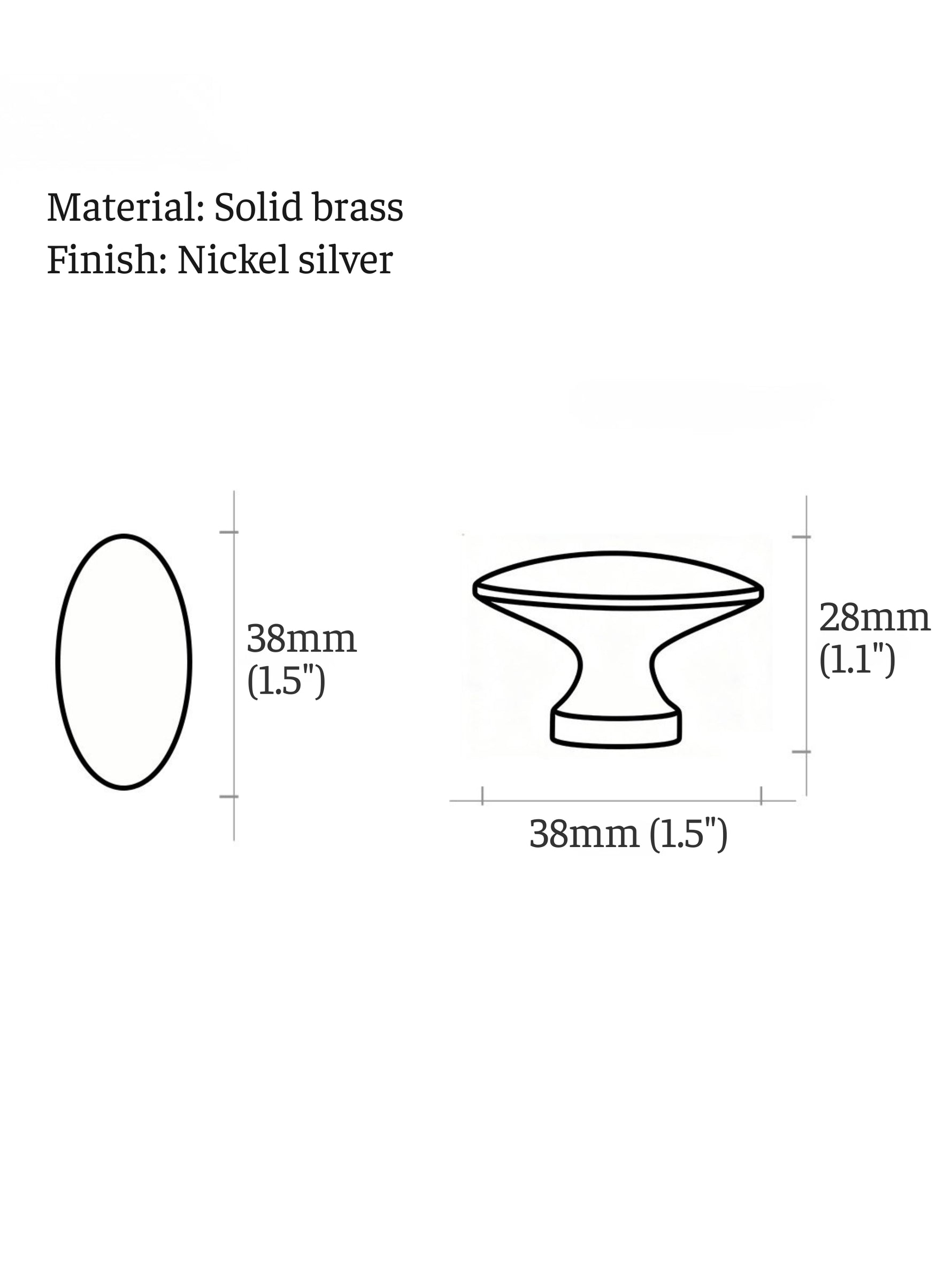 Nickel silver oval cabinet knob dimensions — 38mm diameter, 28mm height
