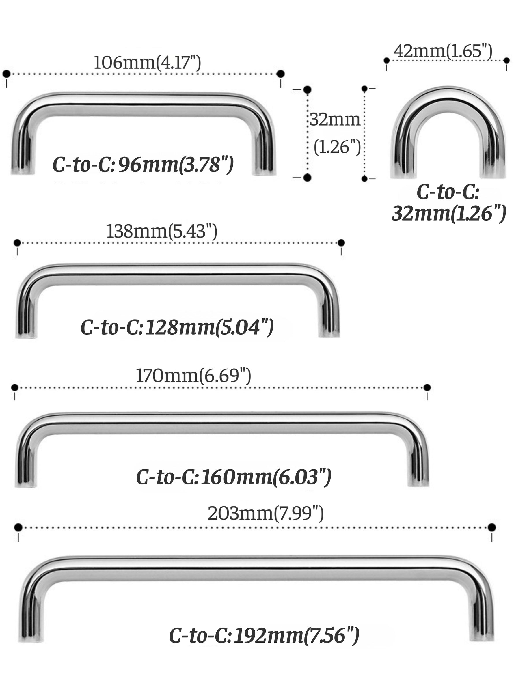 Polished chrome bar cabinet pull dimensions — 5 sizes from 32mm to 192mm center-to-center