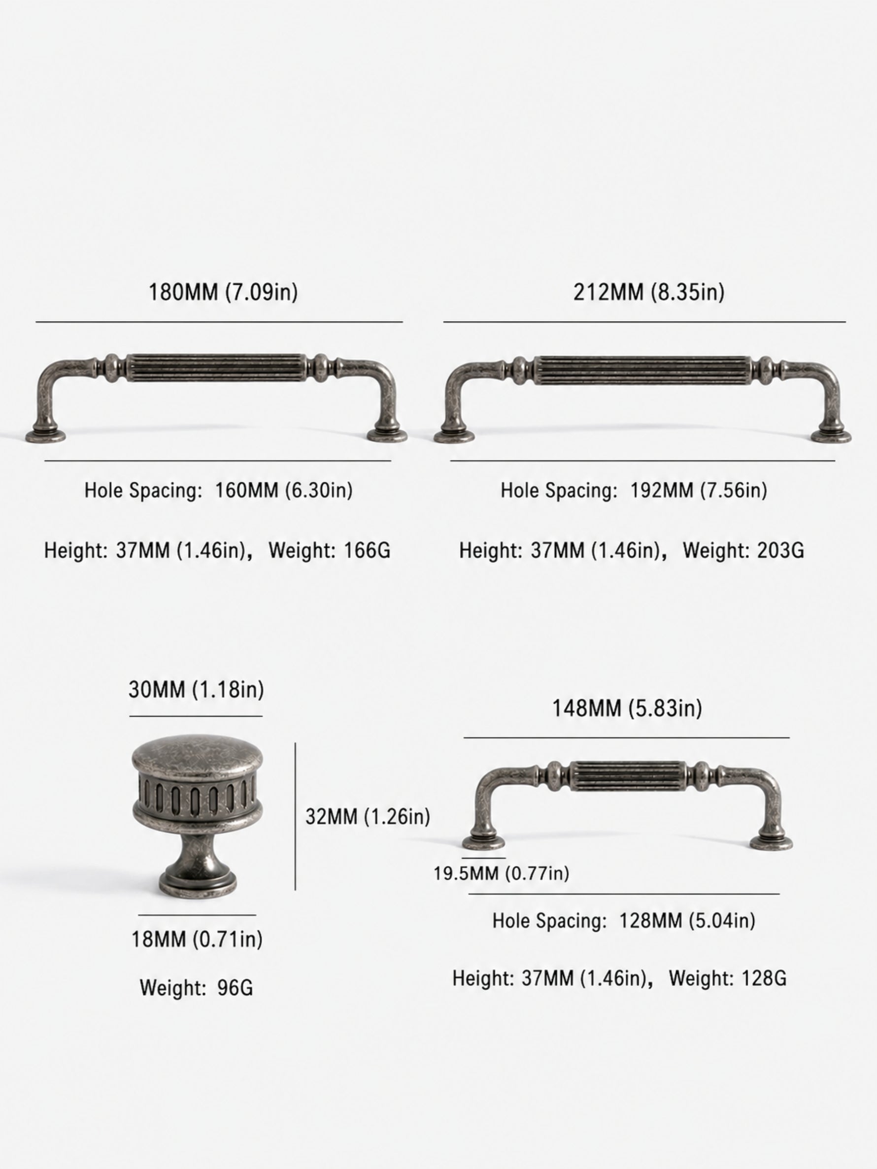 Antique silver reeded cabinet hardware dimensions — knob 30mm, pulls 128/160/192mm
