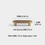 Dimensions of solid brass Art Deco arch pull — 64mm hole spacing, 90mm overall length, 126g