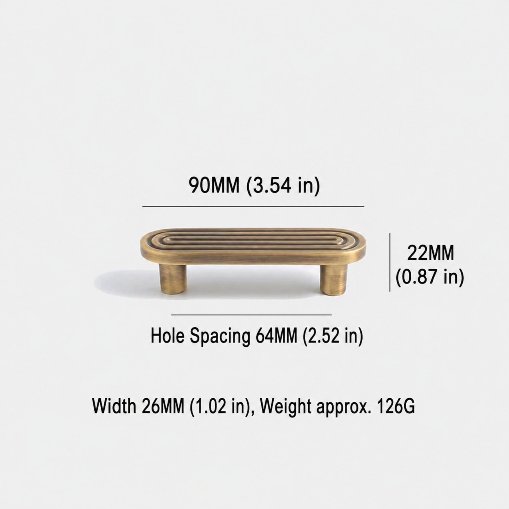 Dimensions of solid brass Art Deco arch pull — 64mm hole spacing, 90mm overall length, 126g