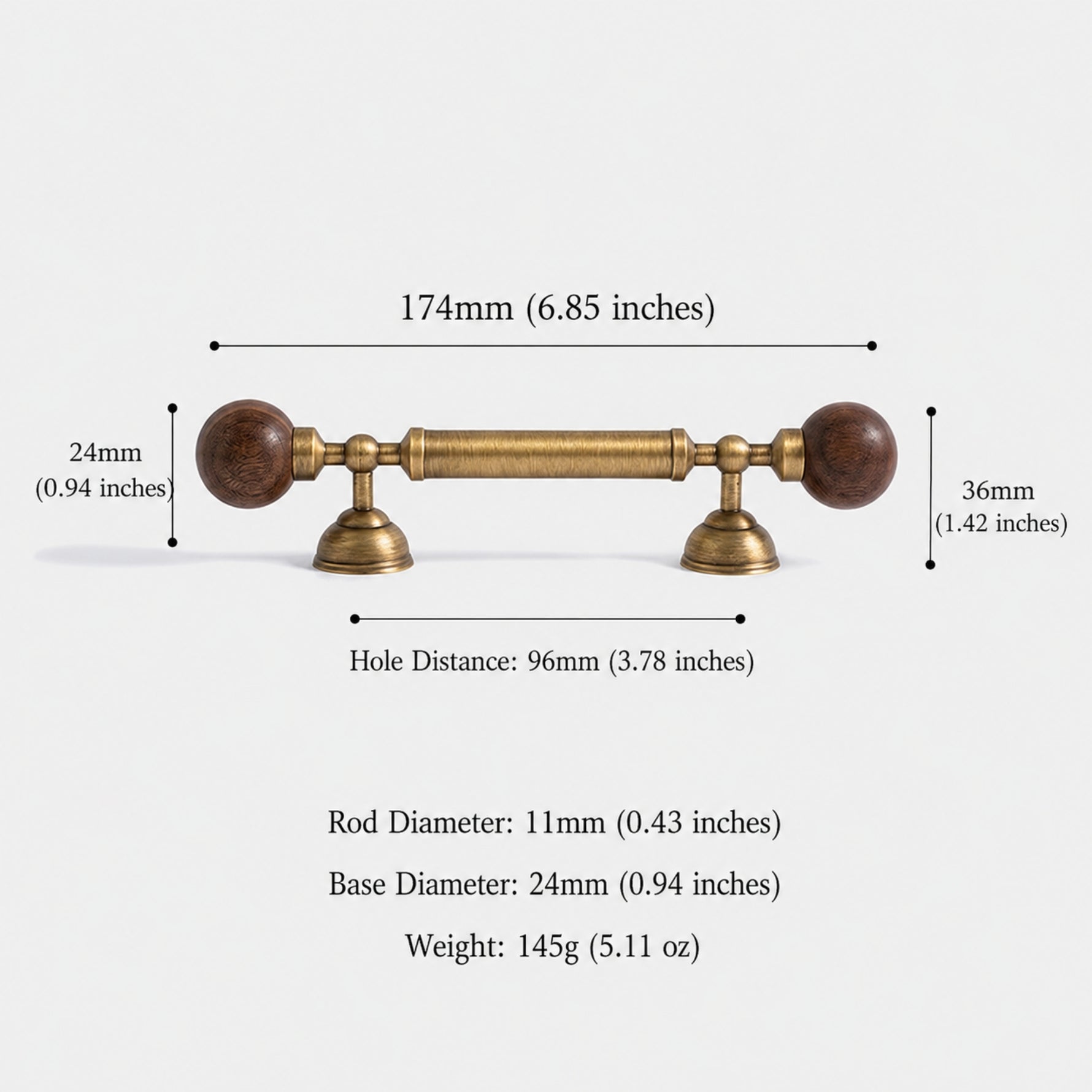 Walnut ball pull 96mm dimensions — 174mm total length