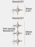 Dimensions diagram of polished chrome star knob and star cross pull: 52mm width, 30mm and 136mm height, 96mm hole spacing