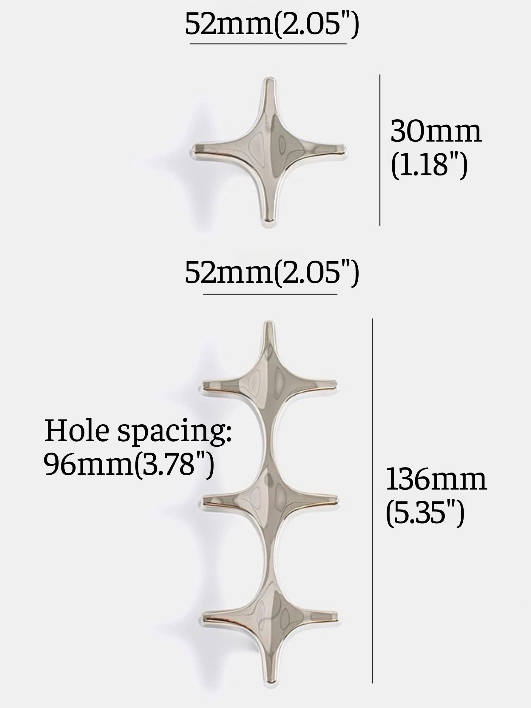 Dimensions diagram of polished chrome star knob and star cross pull: 52mm width, 30mm and 136mm height, 96mm hole spacing