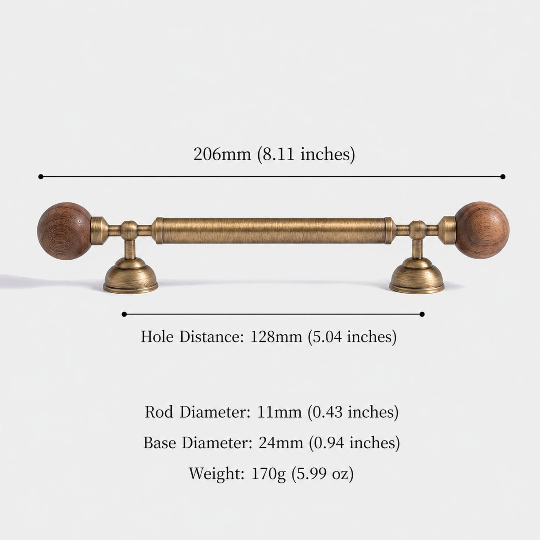 Walnut ball pull 128mm dimensions — 206mm total length