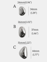Dimensions diagram comparing pebble knob sizes A, B, and C: 24x34mm, 26x37mm, 31x44mm