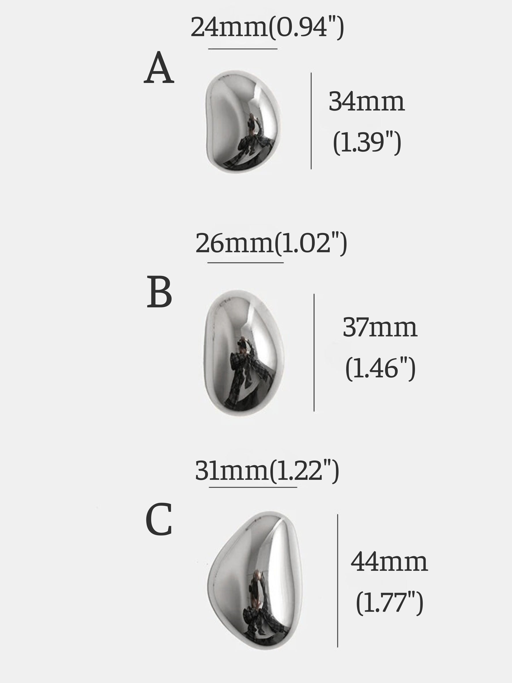 Dimensions diagram comparing pebble knob sizes A, B, and C: 24x34mm, 26x37mm, 31x44mm