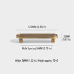 Dimensions of solid brass Art Deco arch pull — 96mm hole spacing, 122mm overall length, 154g