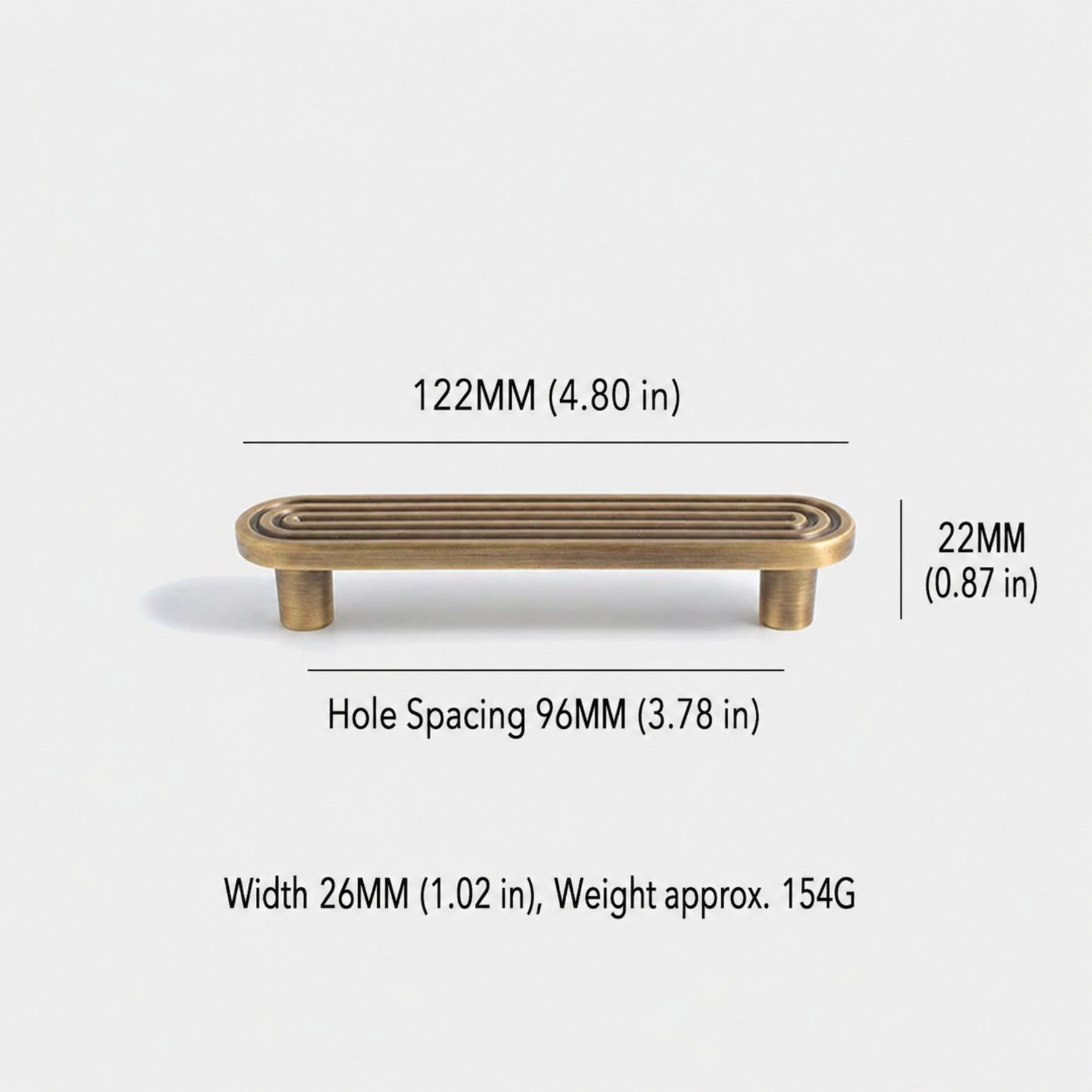 Dimensions of solid brass Art Deco arch pull — 96mm hole spacing, 122mm overall length, 154g