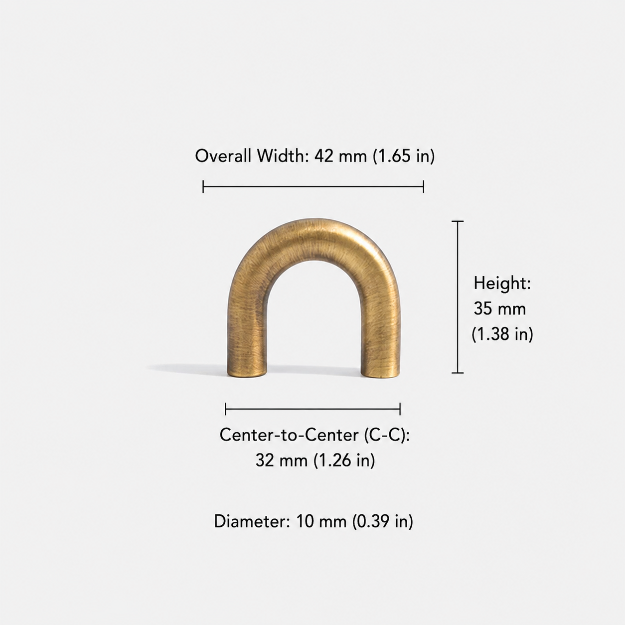 Small brushed brass cabinet pull with 32mm center-to-center hole spacing, solid brass drawer handle for cabinets, dressers, and furniture