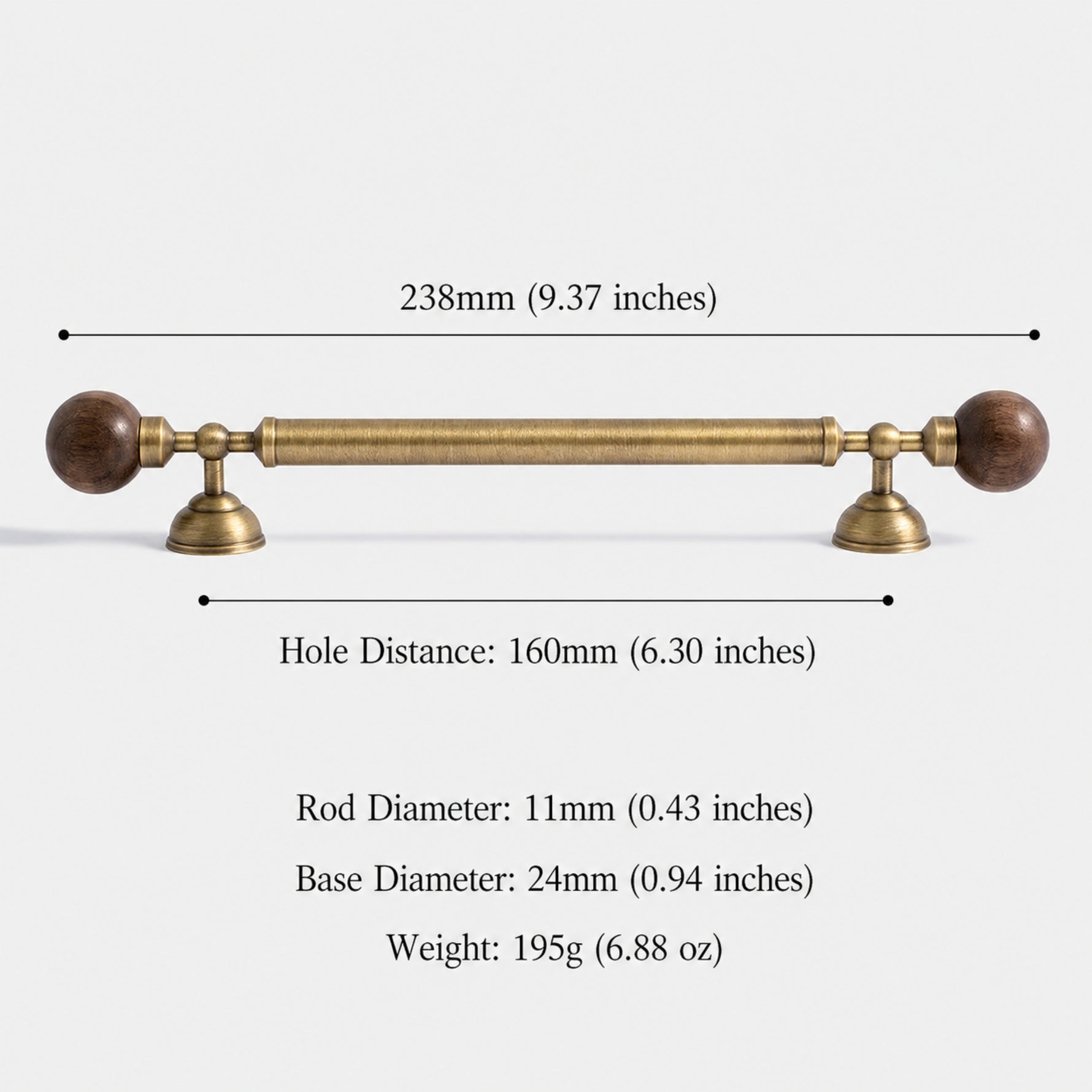 Walnut ball pull 160mm dimensions — 238mm total length