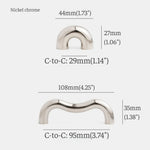 Dimensions diagram of nickel chrome arch knob and wavy pull: 44mm and 108mm length, 29mm and 95mm hole spacing