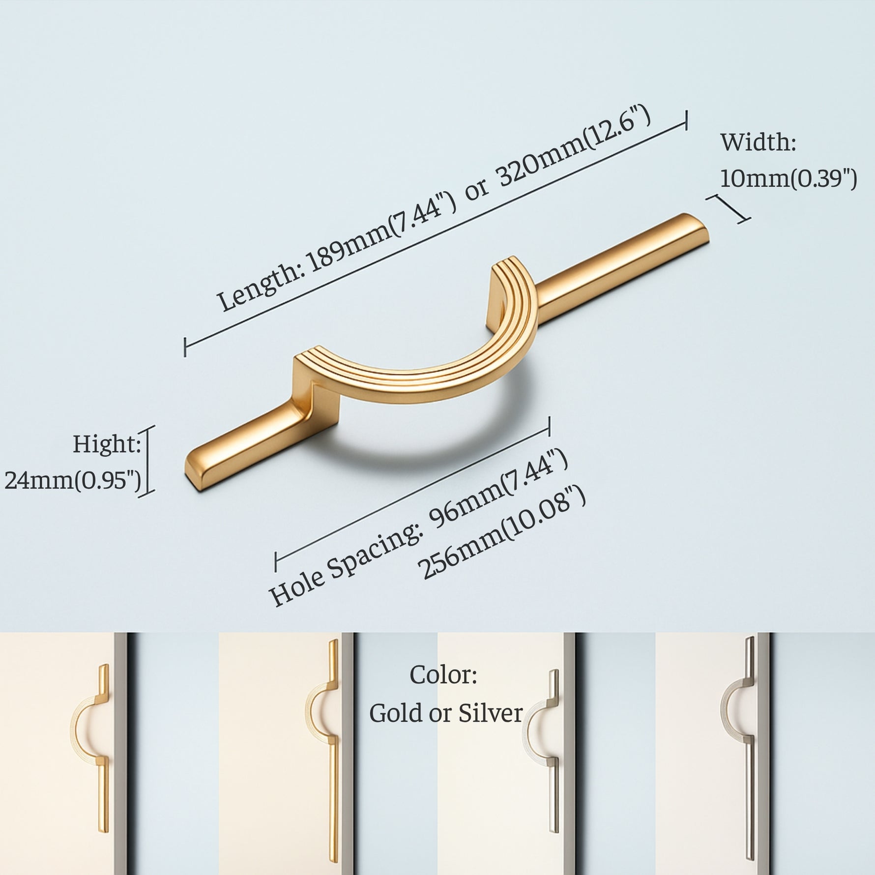 Dimensions diagram of circle ring cabinet pull: 189mm or 320mm length, 96mm or 256mm hole spacing, 24mm height, 10mm width. Gold and silver finish options shown