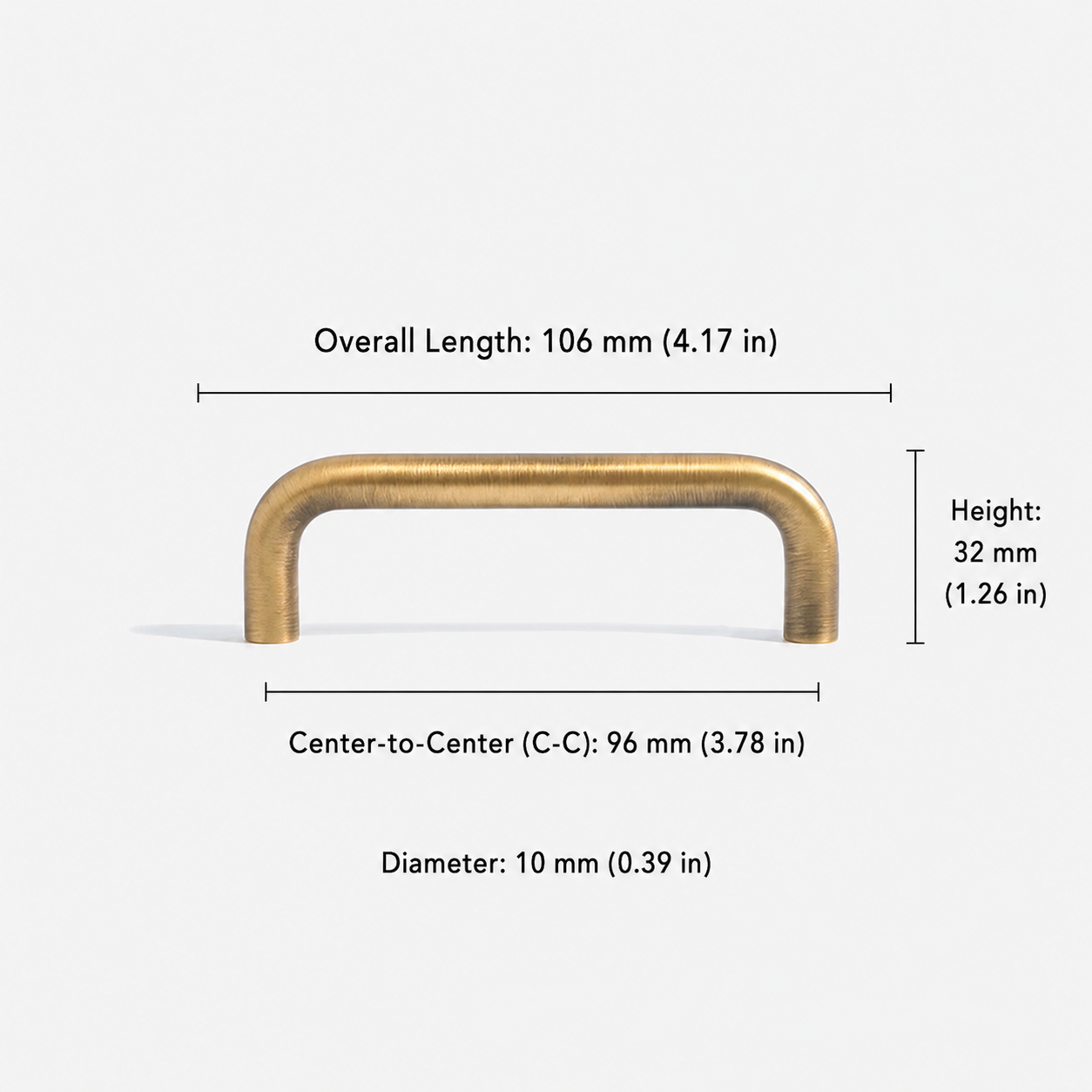 Brushed brass cabinet pull with 96mm(3.78in) center-to-center hole spacing, solid brass drawer handle for kitchen cabinets and furniture