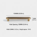 Dimensions of solid brass Art Deco arch pull — 128mm hole spacing, 154mm overall length, 191g