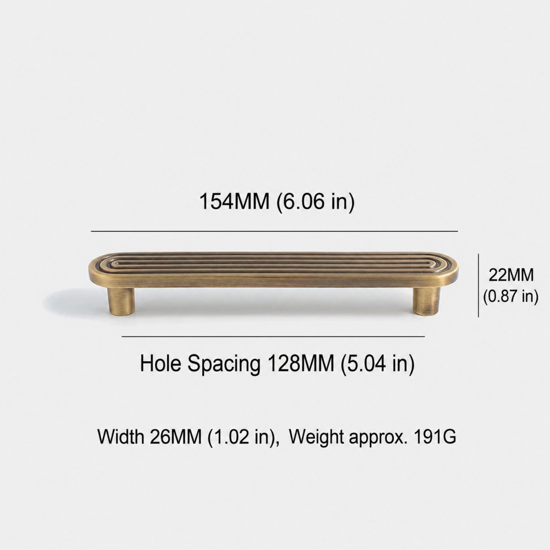 Dimensions of solid brass Art Deco arch pull — 128mm hole spacing, 154mm overall length, 191g
