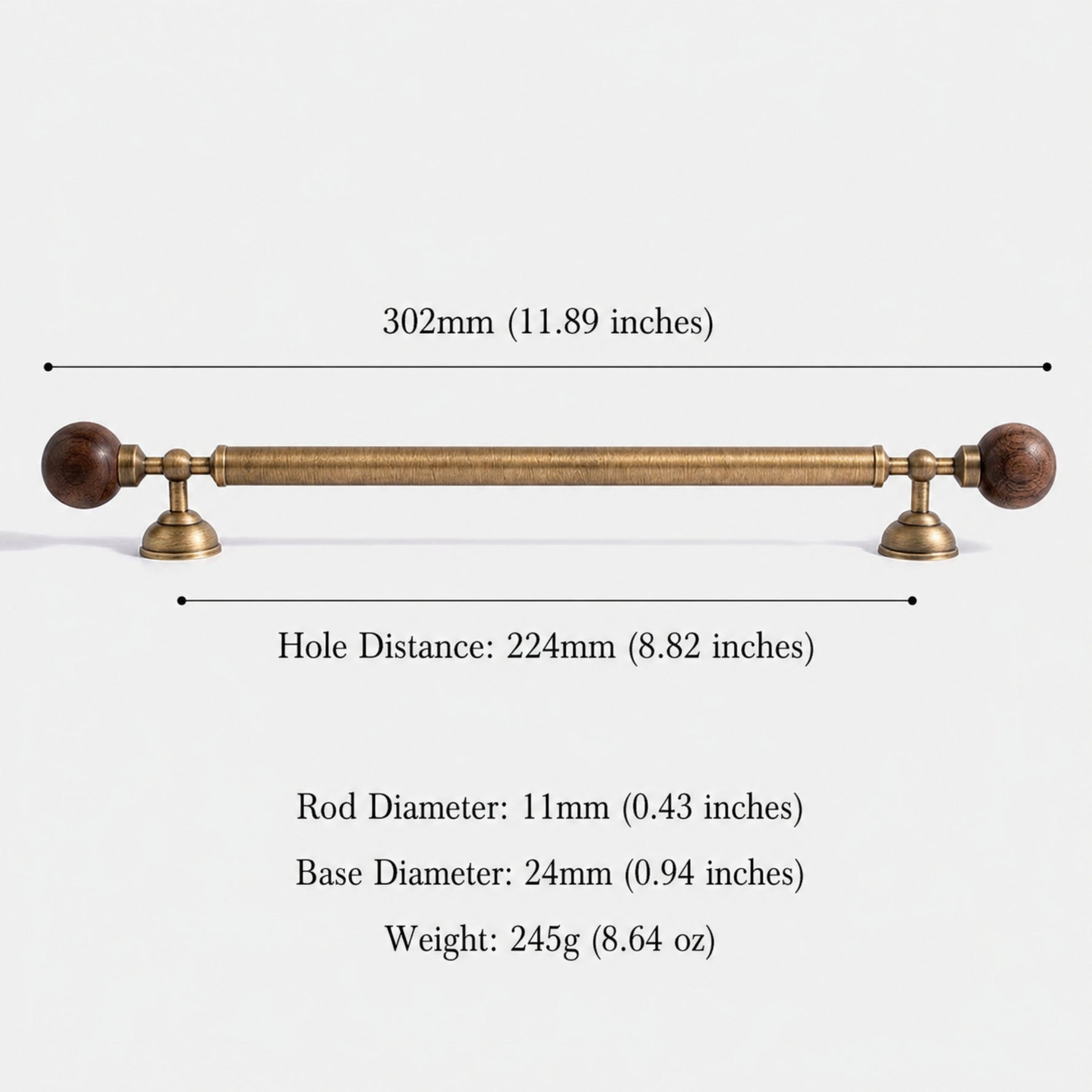 Walnut ball pull 224mm dimensions — 302mm total length