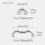 Dimensions diagram of polished chrome arch knob and wavy pull: 44mm and 108mm length, 29mm and 95mm hole spacing