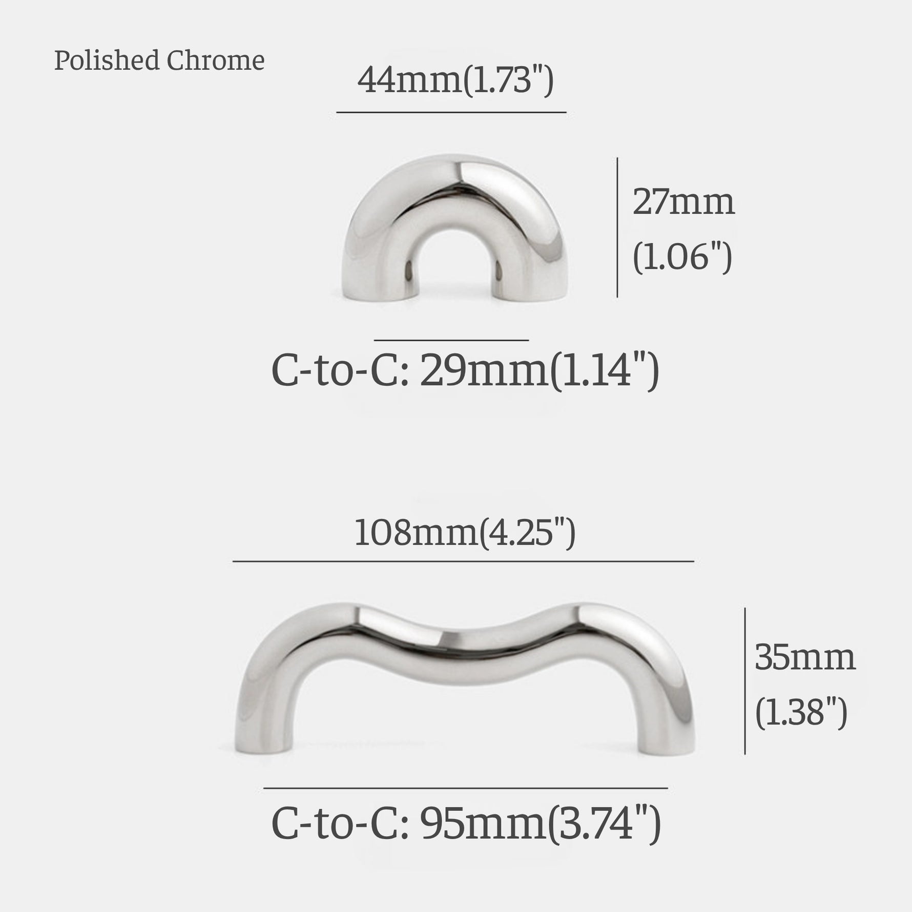Dimensions diagram of polished chrome arch knob and wavy pull: 44mm and 108mm length, 29mm and 95mm hole spacing
