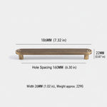 Dimensions of solid brass Art Deco arch pull — 160mm hole spacing, 186mm overall length, 229g