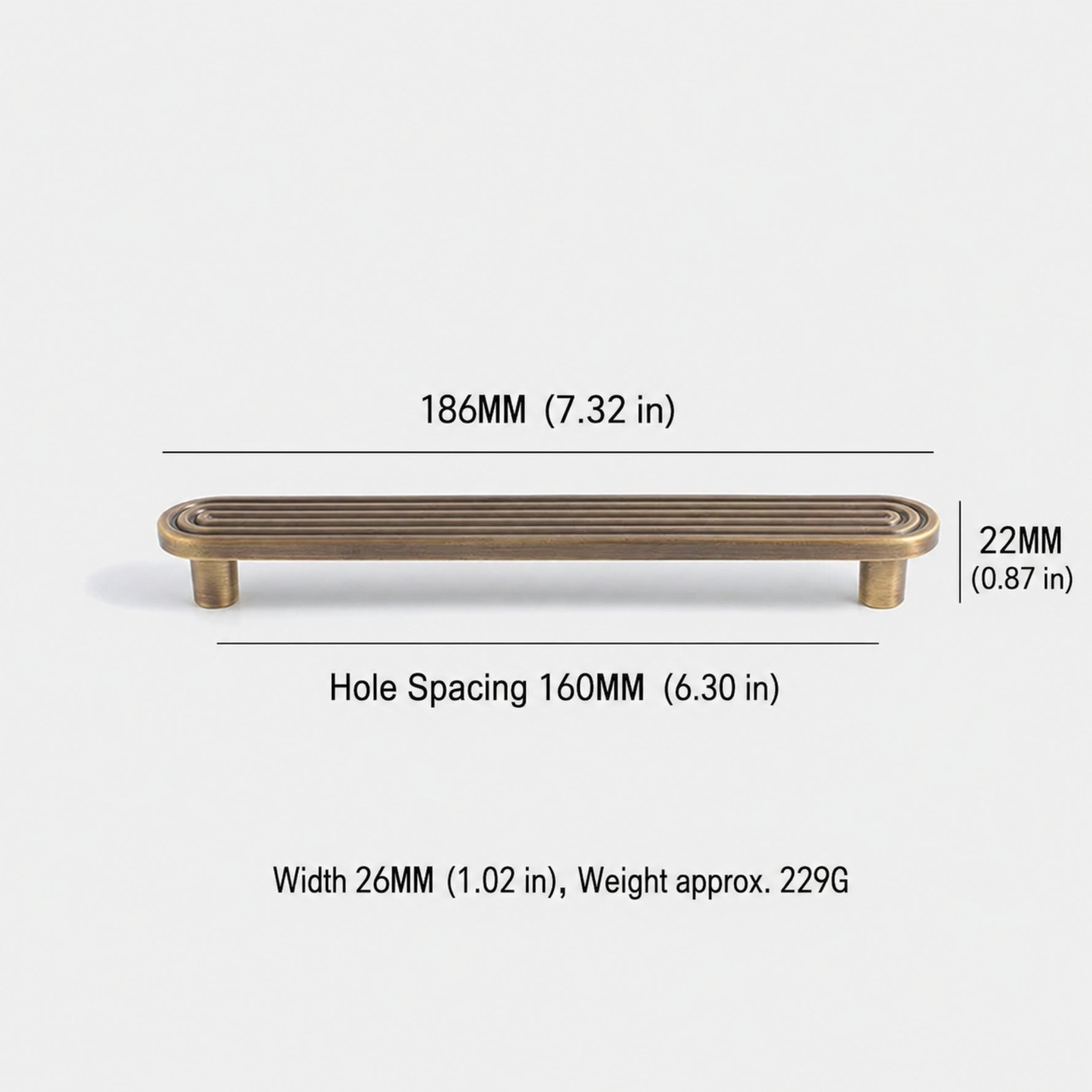 Dimensions of solid brass Art Deco arch pull — 160mm hole spacing, 186mm overall length, 229g