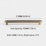 Dimensions of solid brass Art Deco arch pull — 192mm hole spacing, 218mm overall length, 271g
