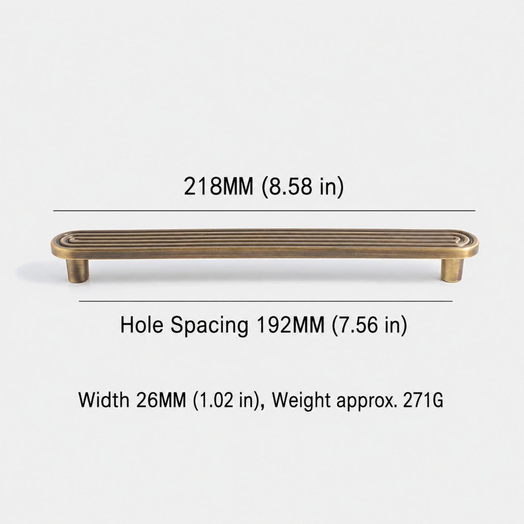 Dimensions of solid brass Art Deco arch pull — 192mm hole spacing, 218mm overall length, 271g