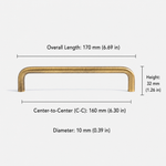 Brushed brass cabinet pull with 160mm(6.3in) center-to-center hole spacing, long solid brass handle for wardrobes, pantry cabinets, and large drawers