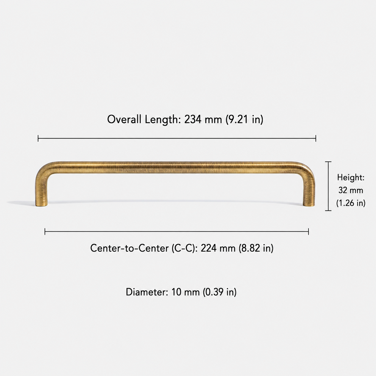 Long brushed brass cabinet handle with 224mm(8.82in) center-to-center spacing, modern solid brass pull for kitchen cabinets and wardrobe doors