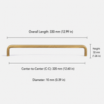 Extra long brushed brass cabinet pull with 320mm(12.6in) center-to-center hole spacing, solid brass wardrobe handle for tall cabinet and closet doors