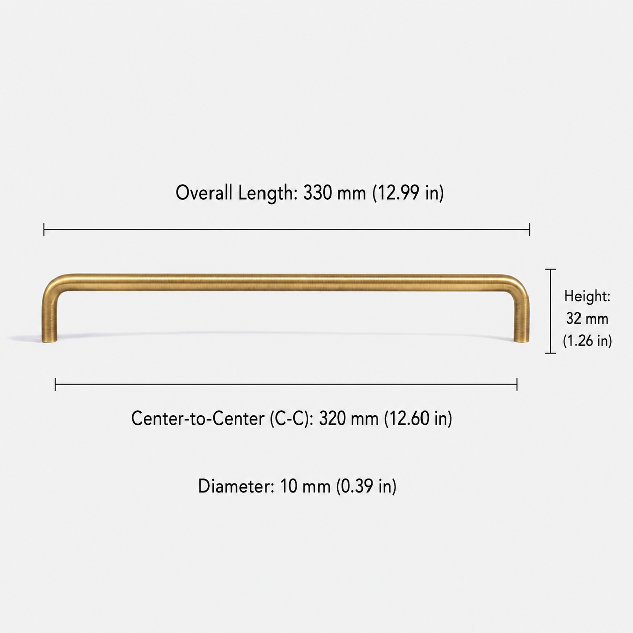 Extra long brushed brass cabinet pull with 320mm(12.6in) center-to-center hole spacing, solid brass wardrobe handle for tall cabinet and closet doors