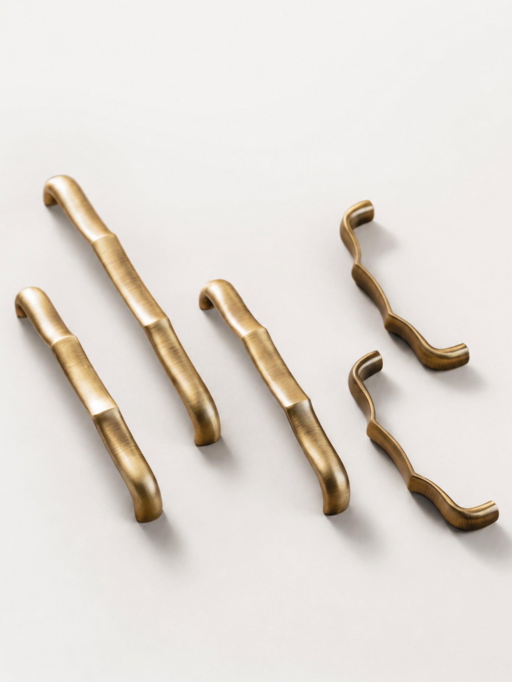 Antique brass bamboo cabinet pulls — all sizes and styles flat lay
