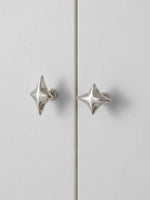 Two polished chrome star cabinet knobs on grey wardrobe doors, front view