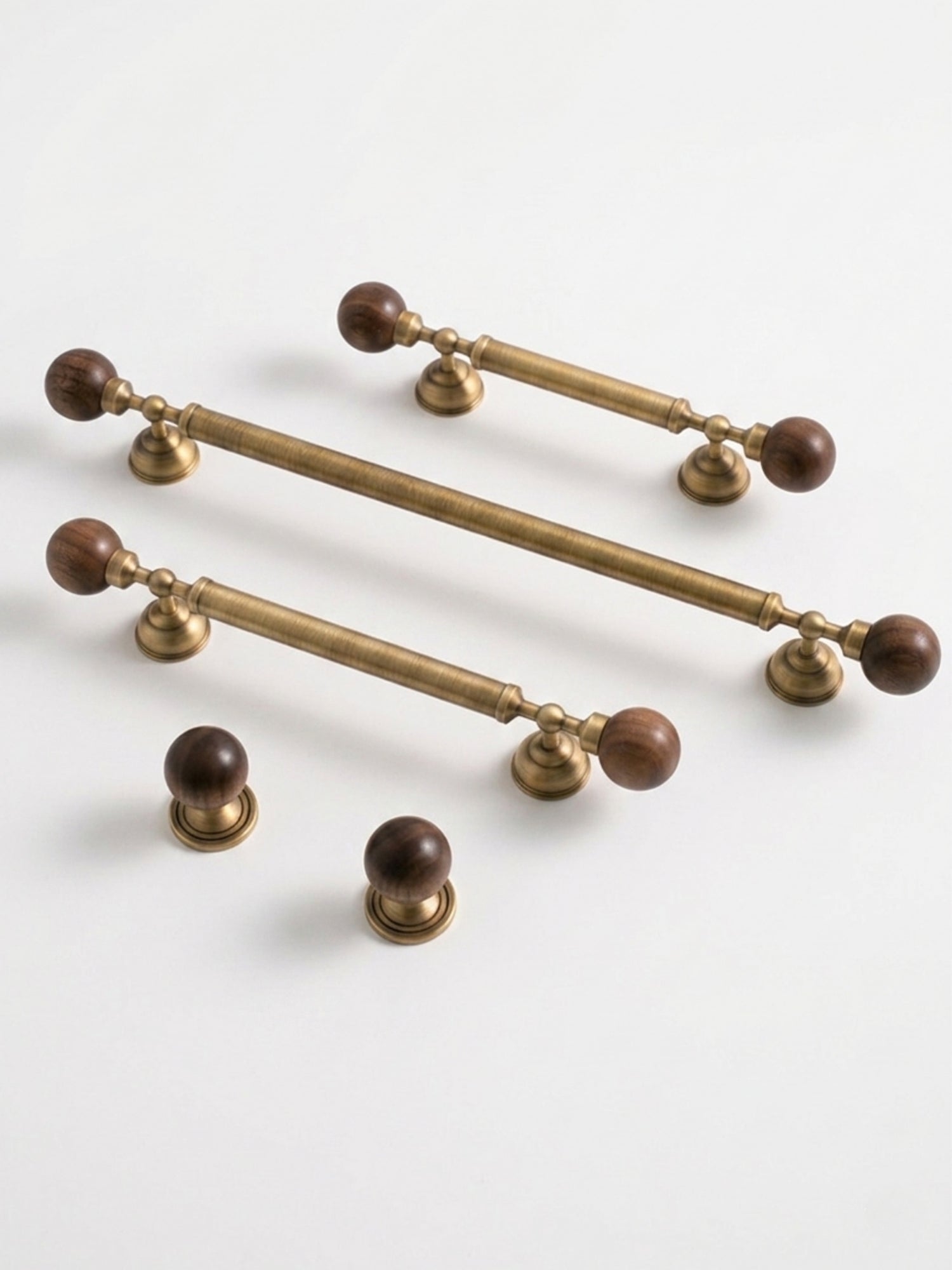Antique brass walnut ball cabinet pulls all sizes flat lay with knob