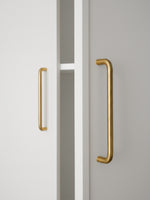 Close-up of a cabinet with brushed brass handles on a neutral background