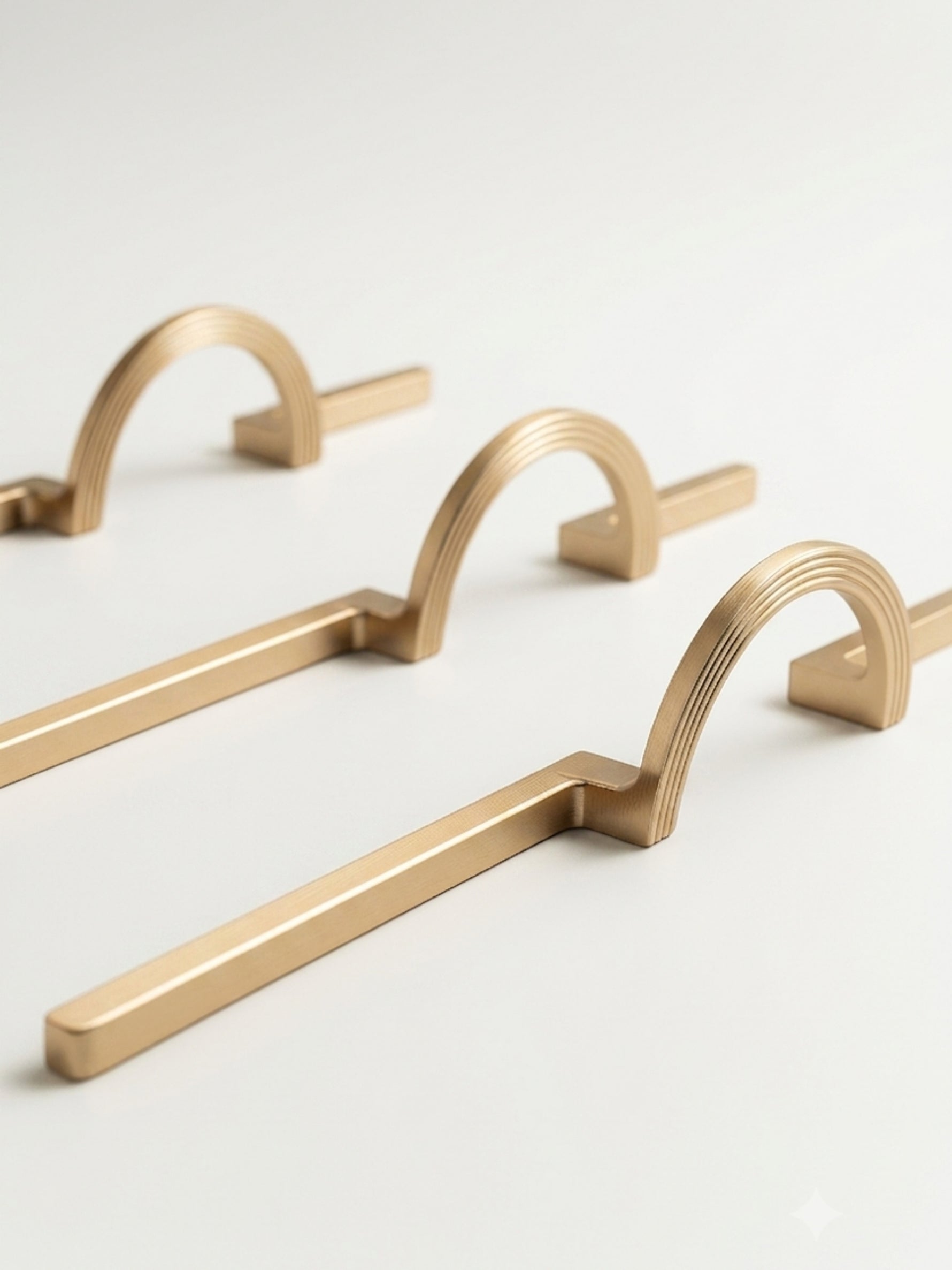 Three satin gold arch semi-circle drawer pulls on white background, multiple sizes