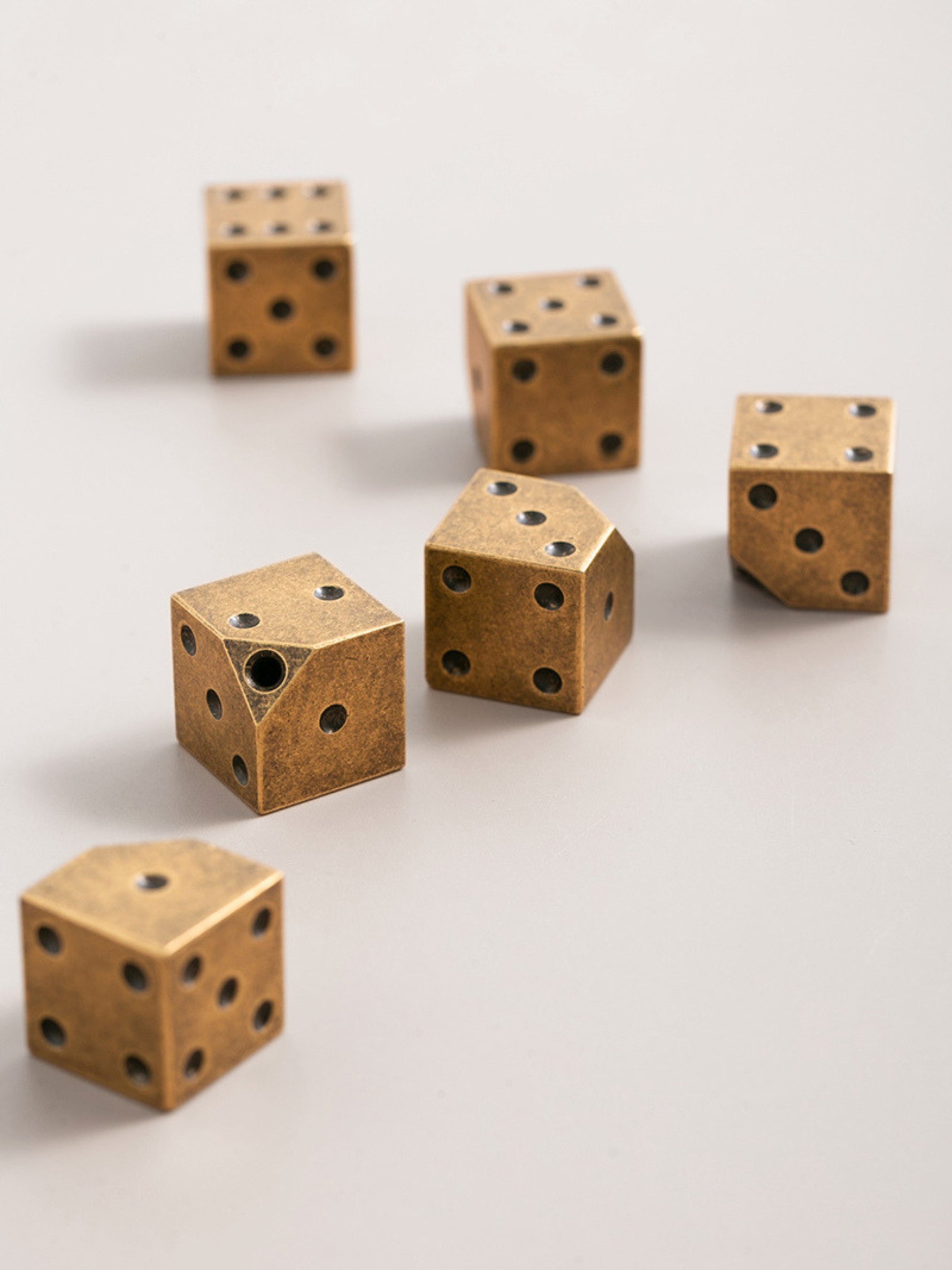 Antique brass dice knobs — 6 pieces showing all faces