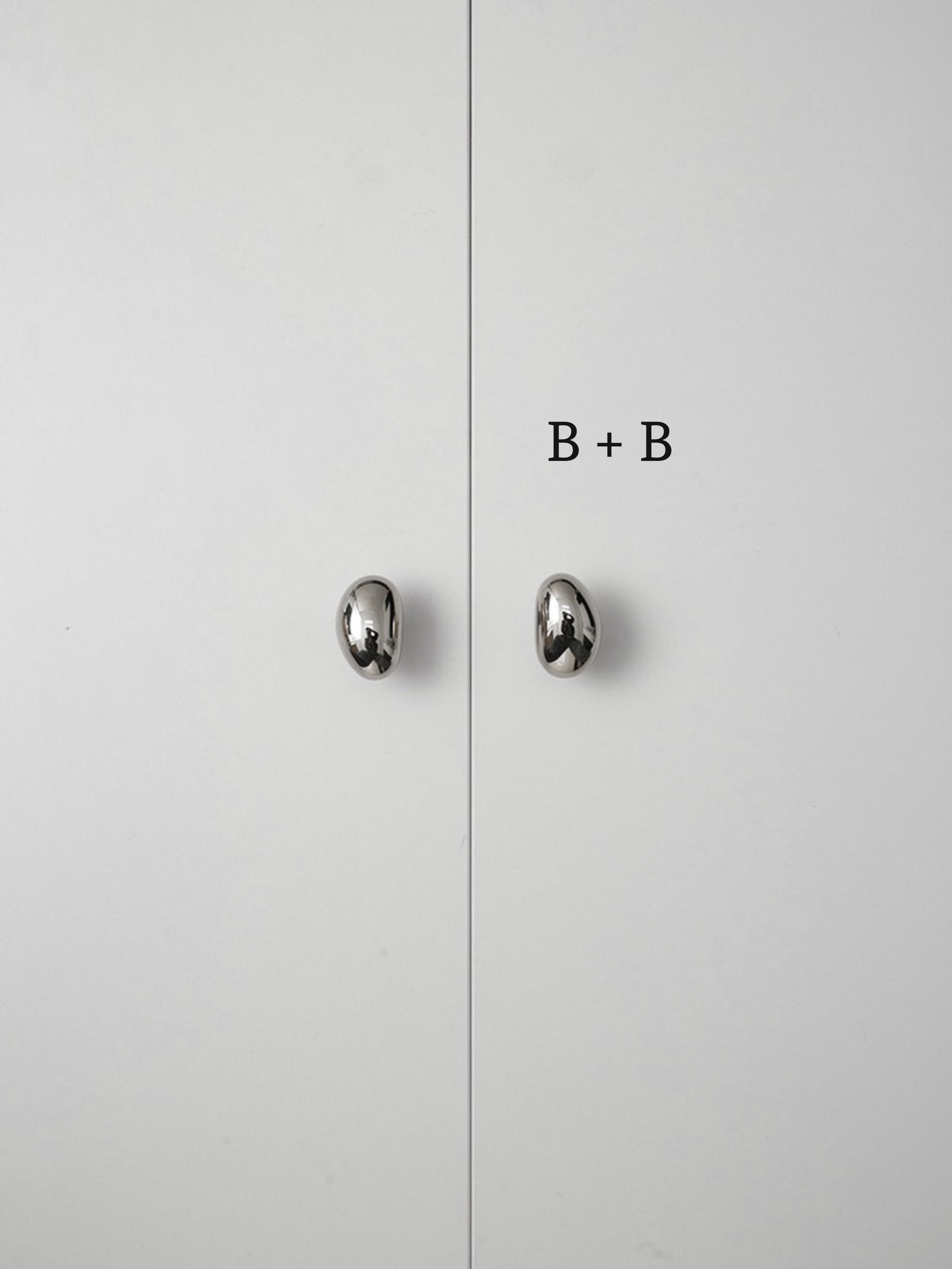 Polished chrome pebble knobs on white cabinet doors labeled size B plus B comparison