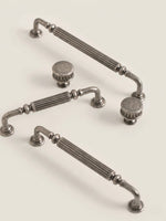 Antique silver reeded hardware set — large pull, medium pull, small pull and knob