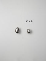 Polished chrome pebble knobs on white cabinet doors labeled size C plus A comparison