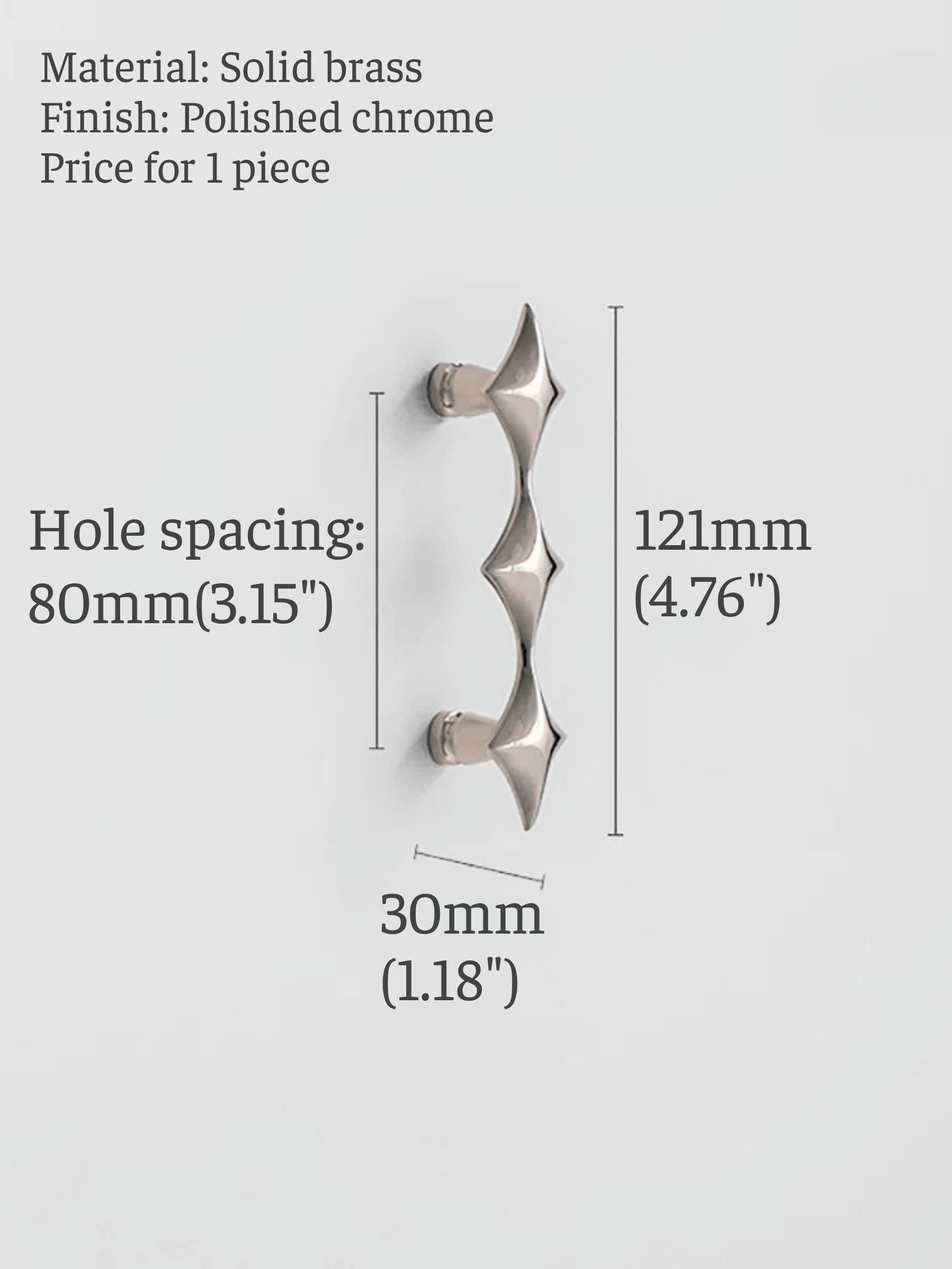 Polished chrome star cabinet pull dimensions — 121mm length, 80mm hole spacing, 30mm width